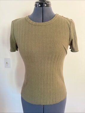 Veronica Beard DRAYA Ribbed Knit Olive Green Short Sleeve Knit Top